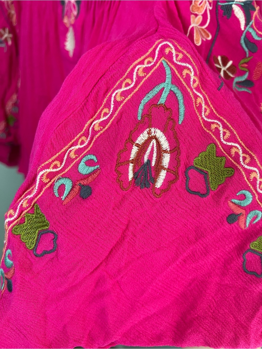 Easel Sz S Pink Embroidered Boho Peasant Blouse Balloon Sleeve Rayon - Picture 9 of 11